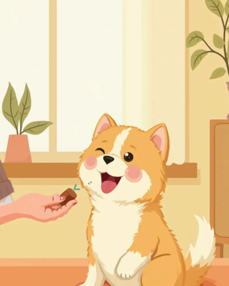 강아지가 보호자 손에서 츄어블 약을 받아먹는 모습