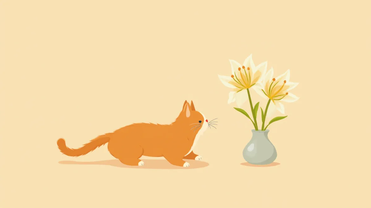 거실 테이블 위 백합을 바라보는 고양이