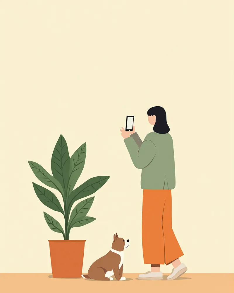 보호자가 스마트폰으로 식물 잎을 촬영하고 있는 모습