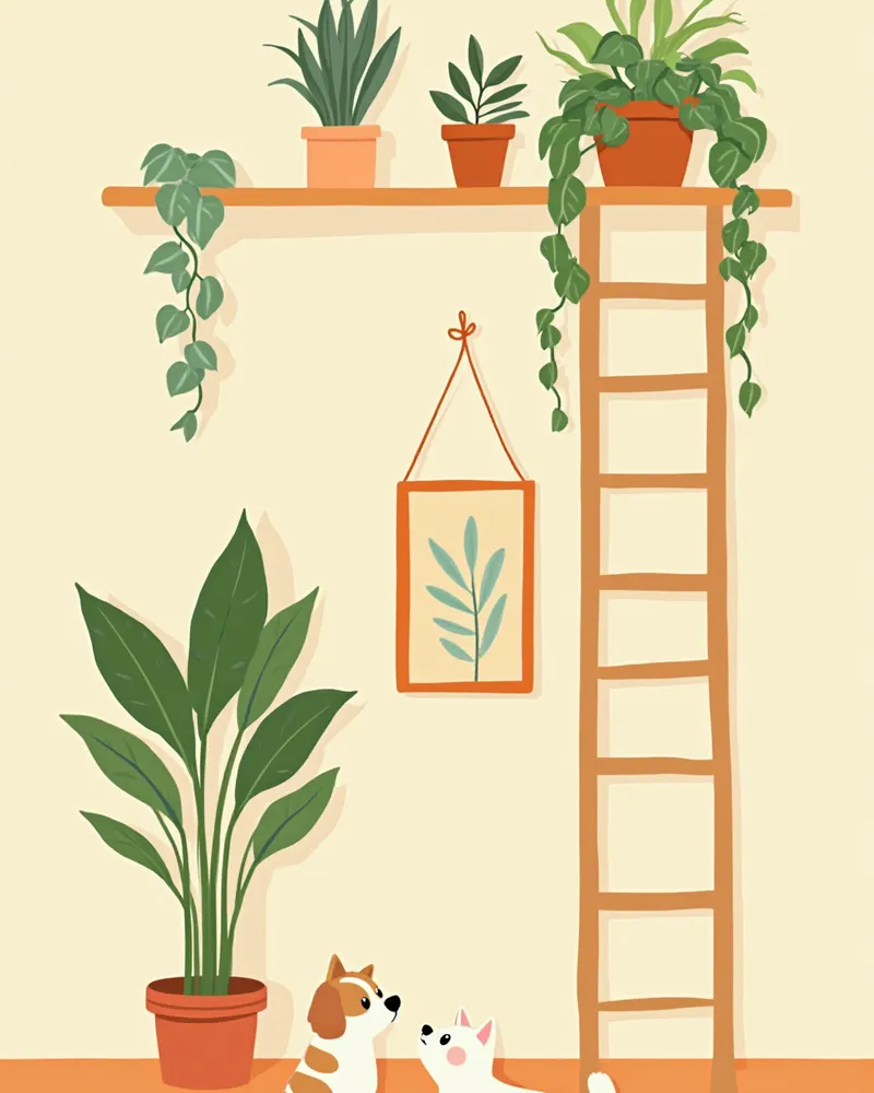 높은 선반 위 화분과 이를 올려다보는 강아지와 고양이