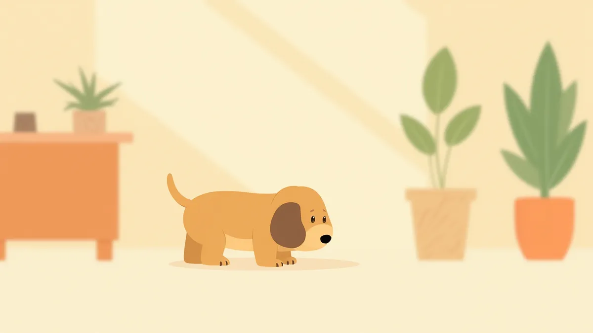 화분 식물에 코를 가까이 대고 있는 강아지