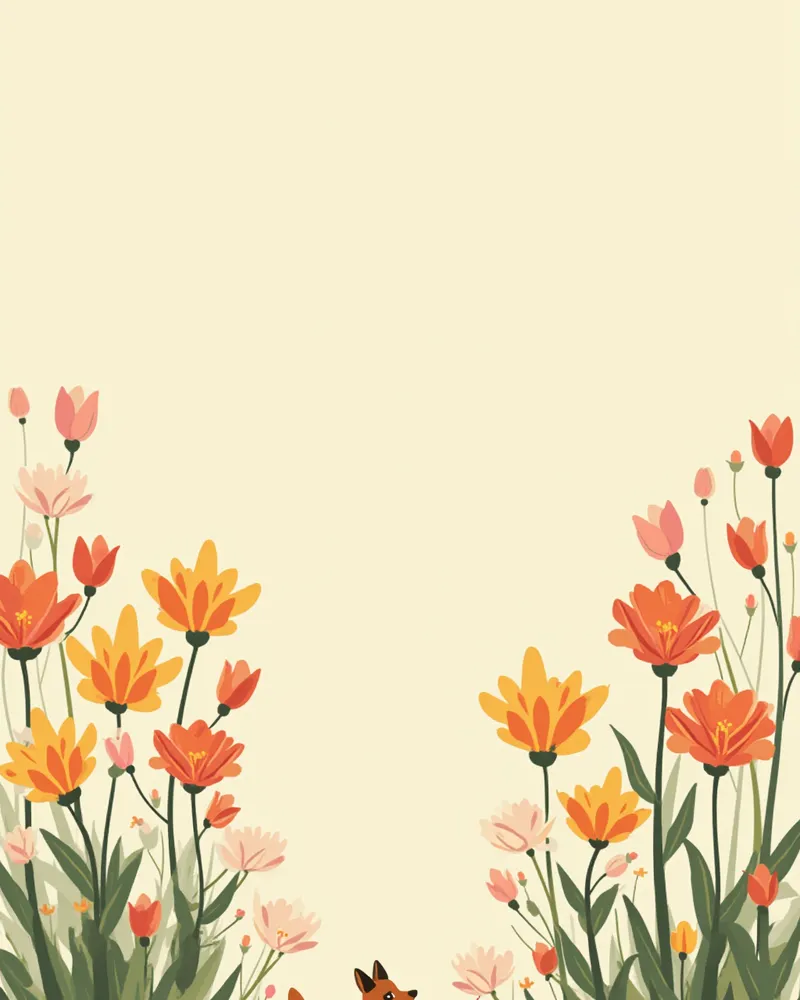 꽃이 핀 정원 옆을 산책하는 강아지