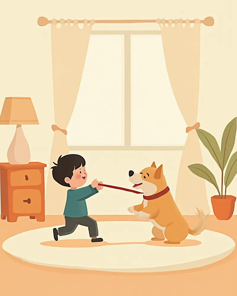 보호자와 강아지가 터그 놀이를 즐기는 모습