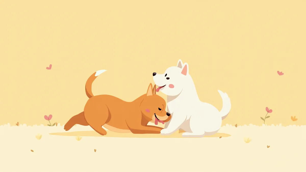 플레이바우 자세로 서로 놀이하는 두 마리 강아지