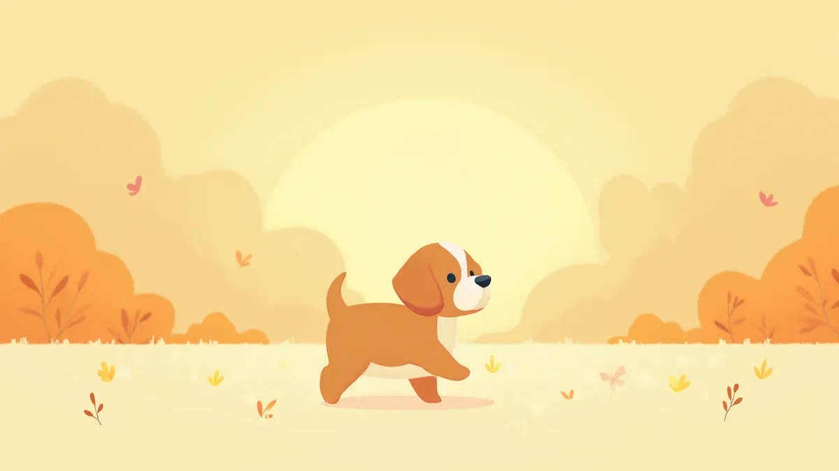 봄철 꽃가루가 날리는 공원에서 산책하는 강아지