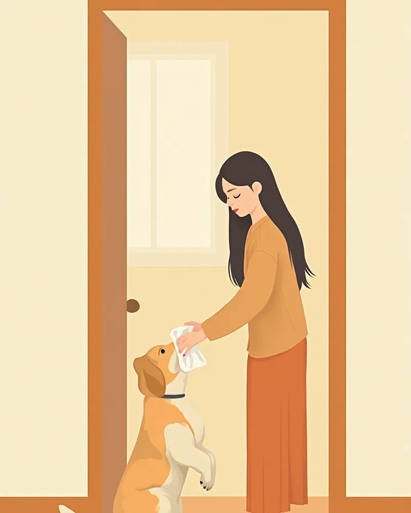 산책 후 반려견의 발을 닦아주는 보호자