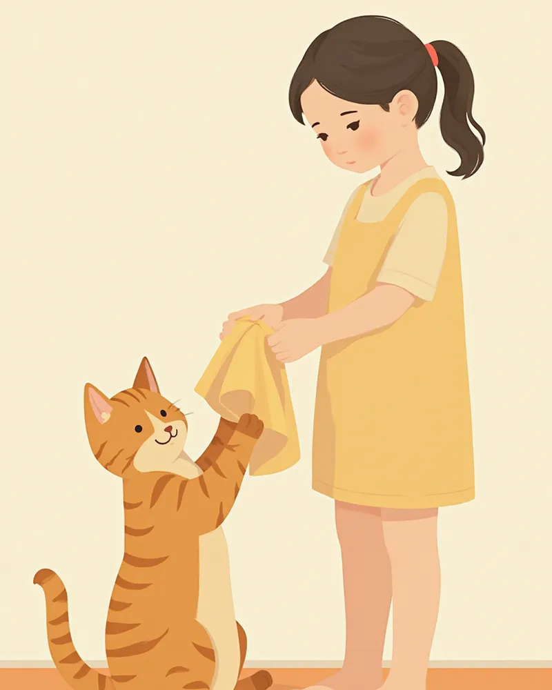 부드러운 수건으로 고양이 털을 닦아주는 모습