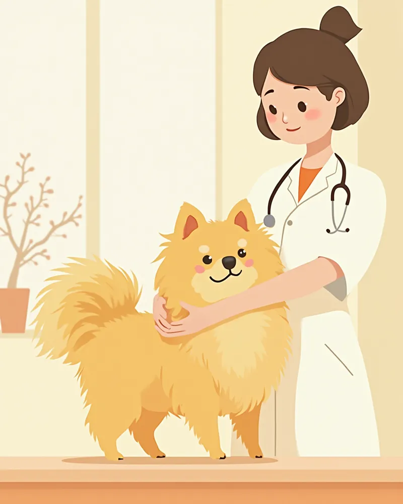 동물병원에서 등 쪽 피부와 털 상태를 진찰받는 포메라니안