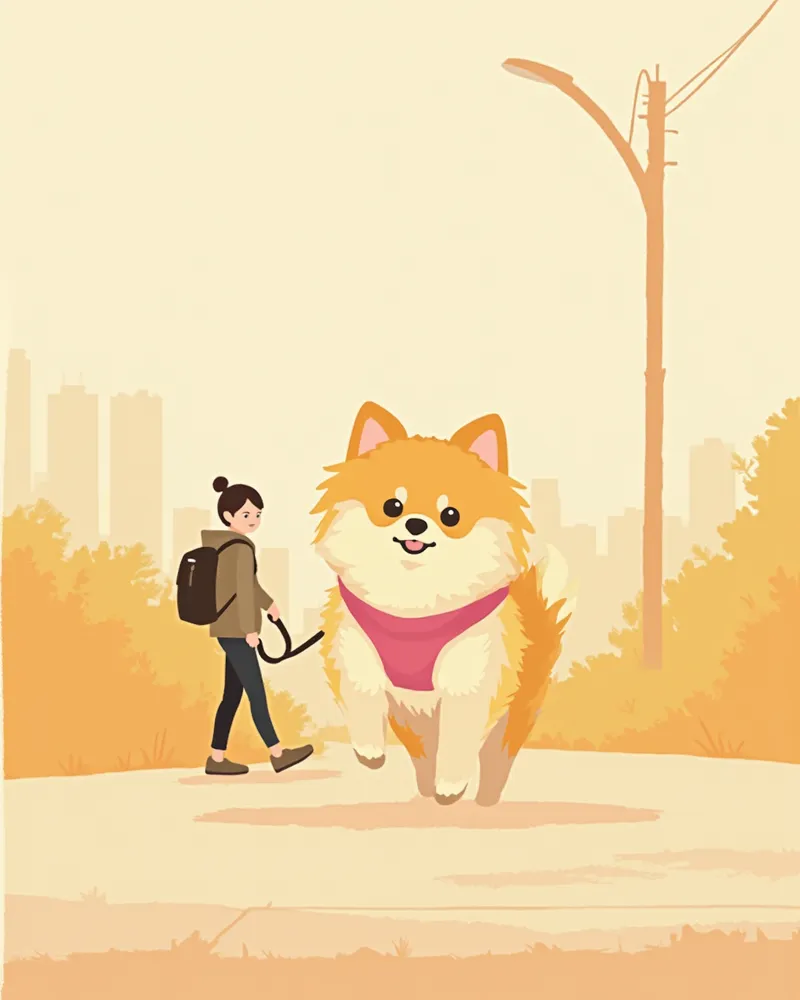 분홍 하네스를 착용하고 산책하는 포메라니안