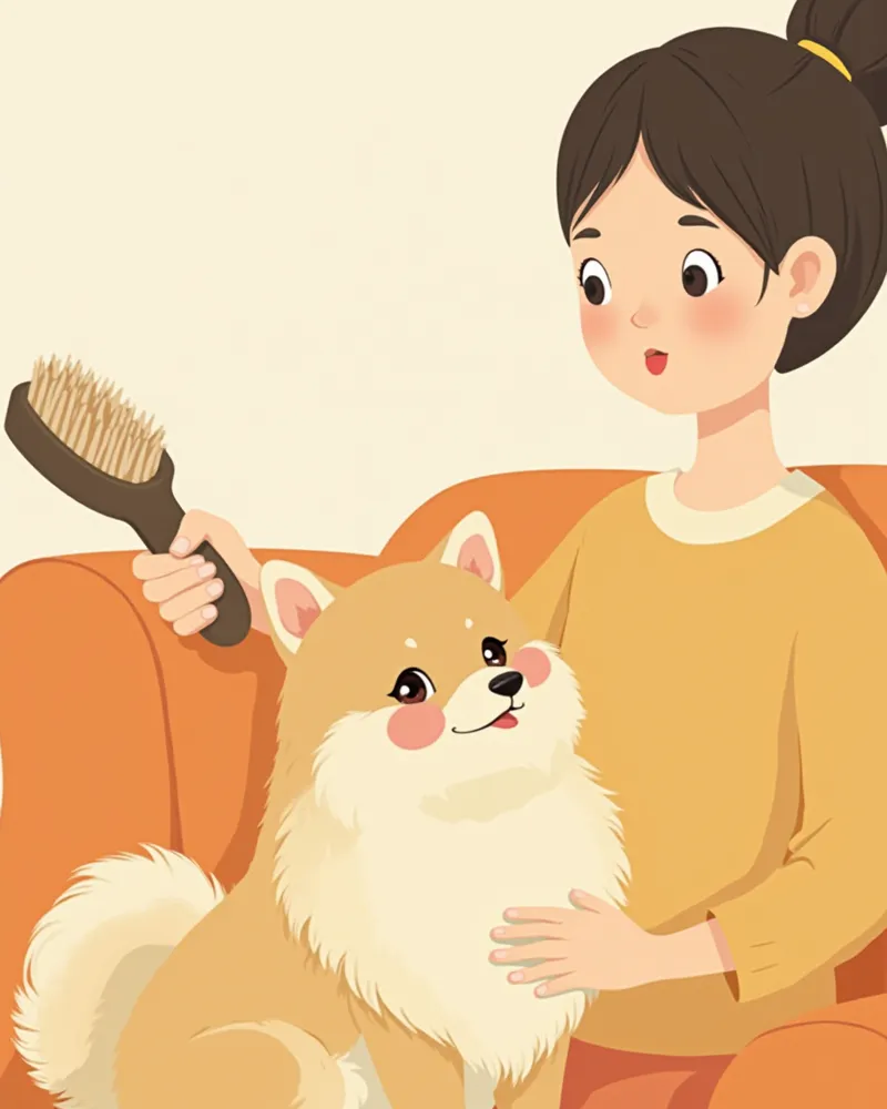 집에서 슬리커 브러시로 포메라니안을 빗어주는 모습