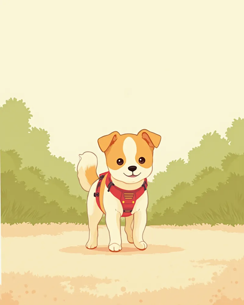 하네스를 착용하고 산책하는 소형견의 모습