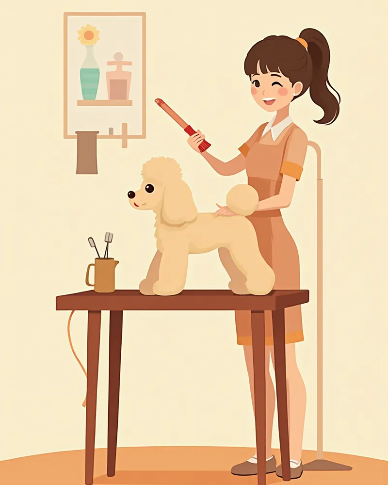 미용 테이블 위에서 푸들의 털을 빗질하는 모습