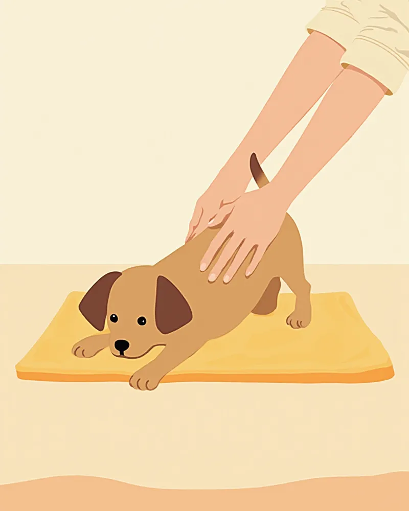 강아지 뒷다리에 수동 관절 운동을 해주는 보호자