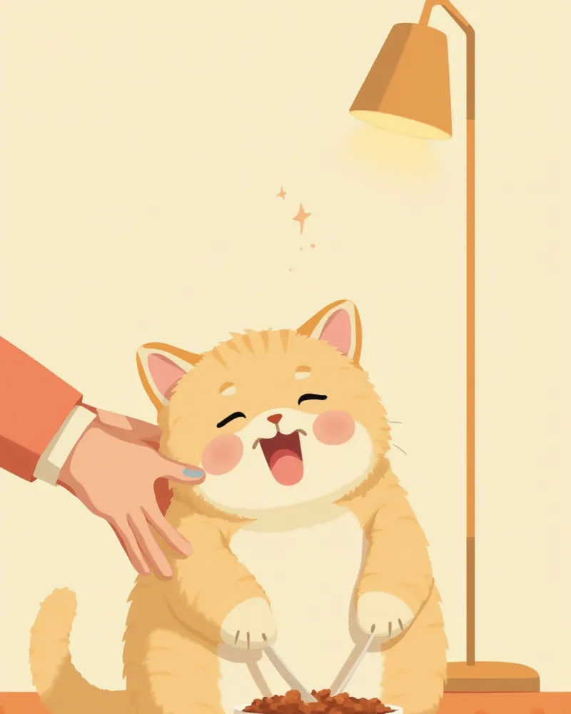 회복복을 입은 고양이가 작은 그릇에서 천천히 사료를 먹는 모습