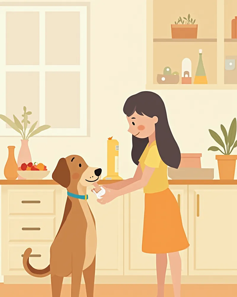 집에서 강아지에게 약을 먹이는 보호자