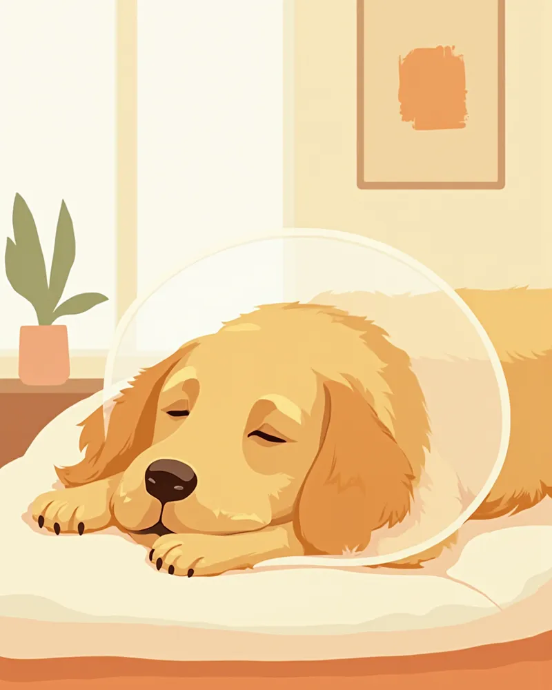 회복 보호대를 착용하고 쉬고 있는 노령 강아지