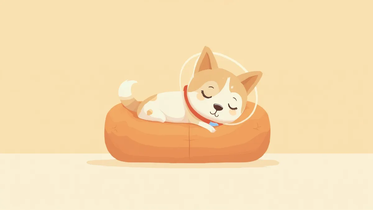 엘리자베스 칼라를 쓴 강아지가 패드가 깔린 크레이트 안에서 회복 중인 모습