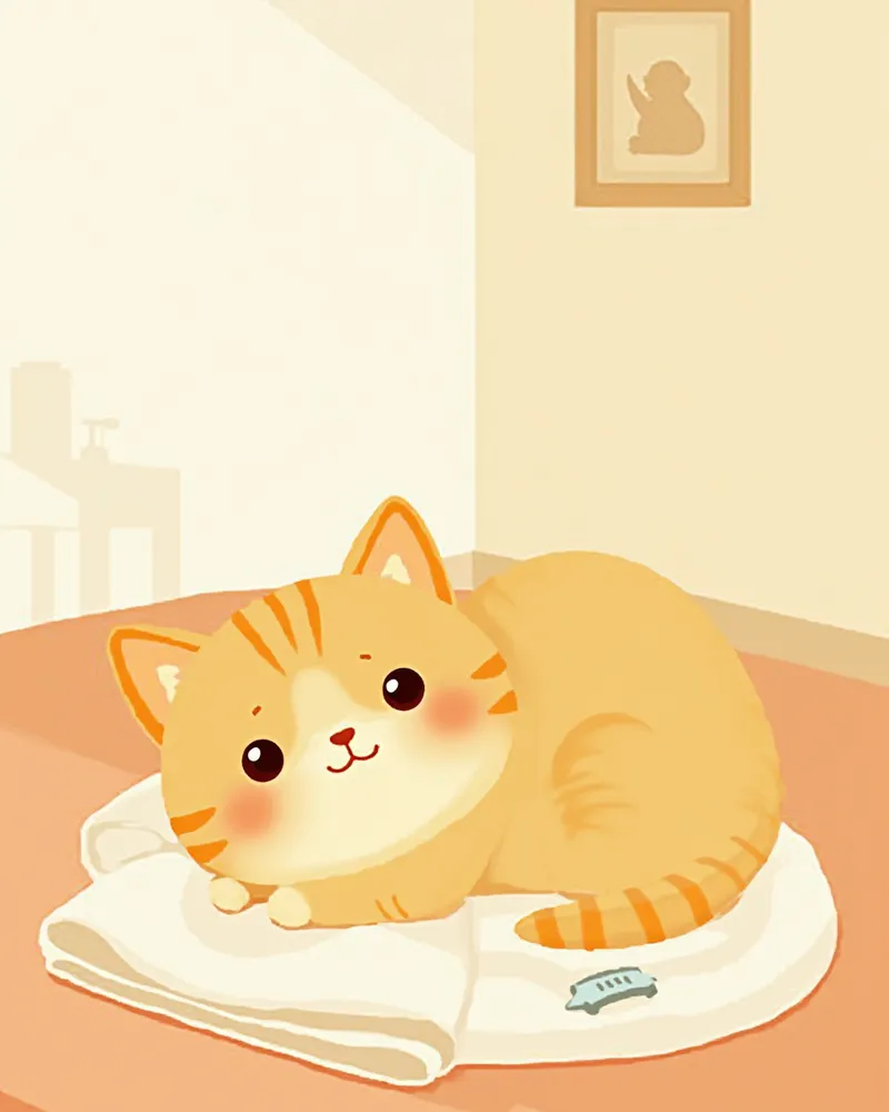 수술 후 담요 위에서 조용히 쉬고 있는 고양이