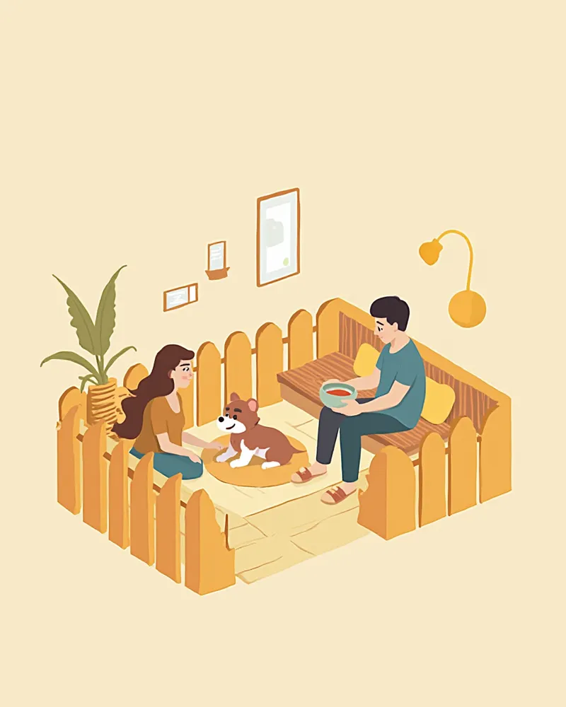 미끄럼 방지 매트가 깔린 펜스 안에서 회복 중인 강아지와 약을 준비하는 보호자