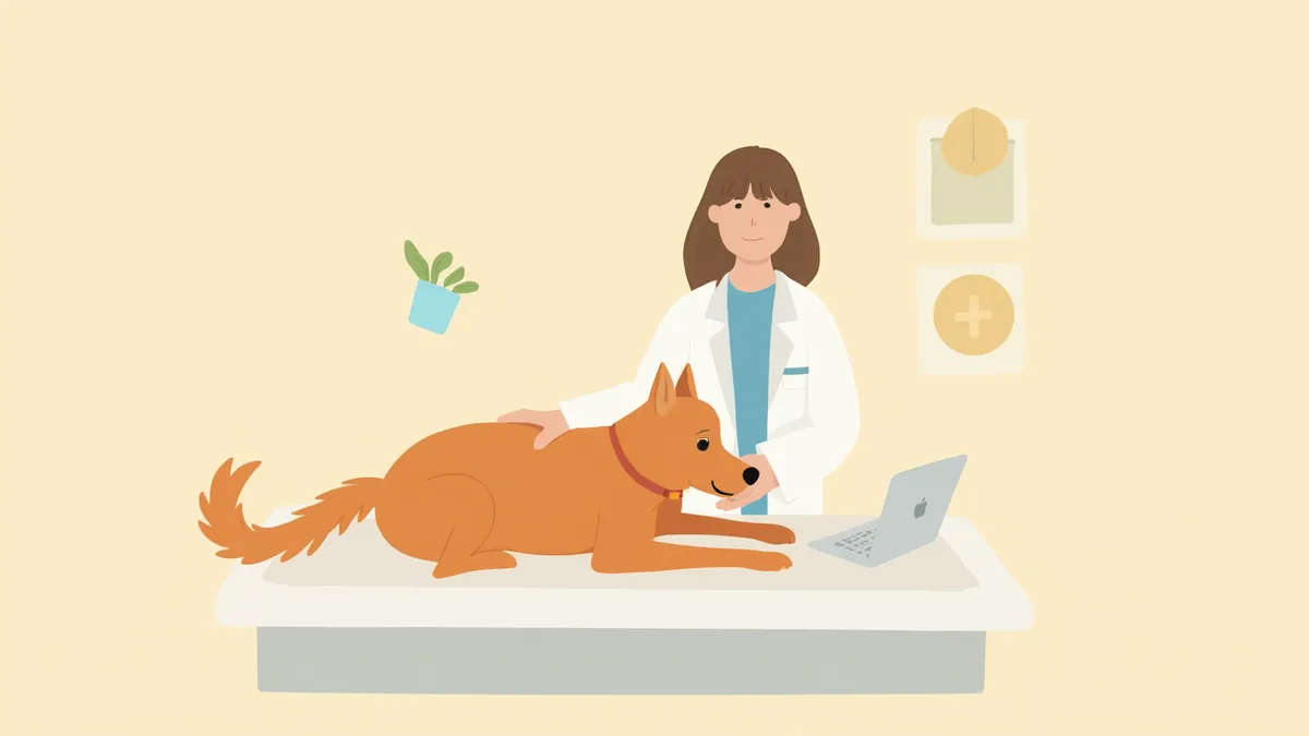 수술 후 뒷다리 상태를 확인받는 강아지