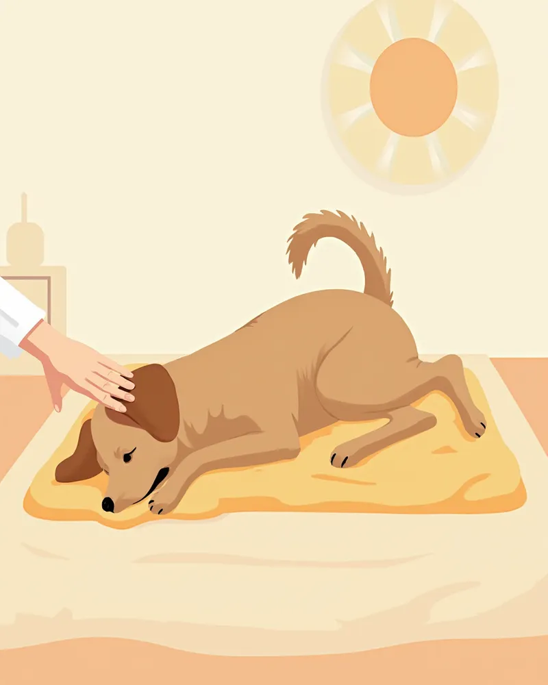 보호자가 강아지 무릎을 부드럽게 굽혀주는 수동 관절 운동