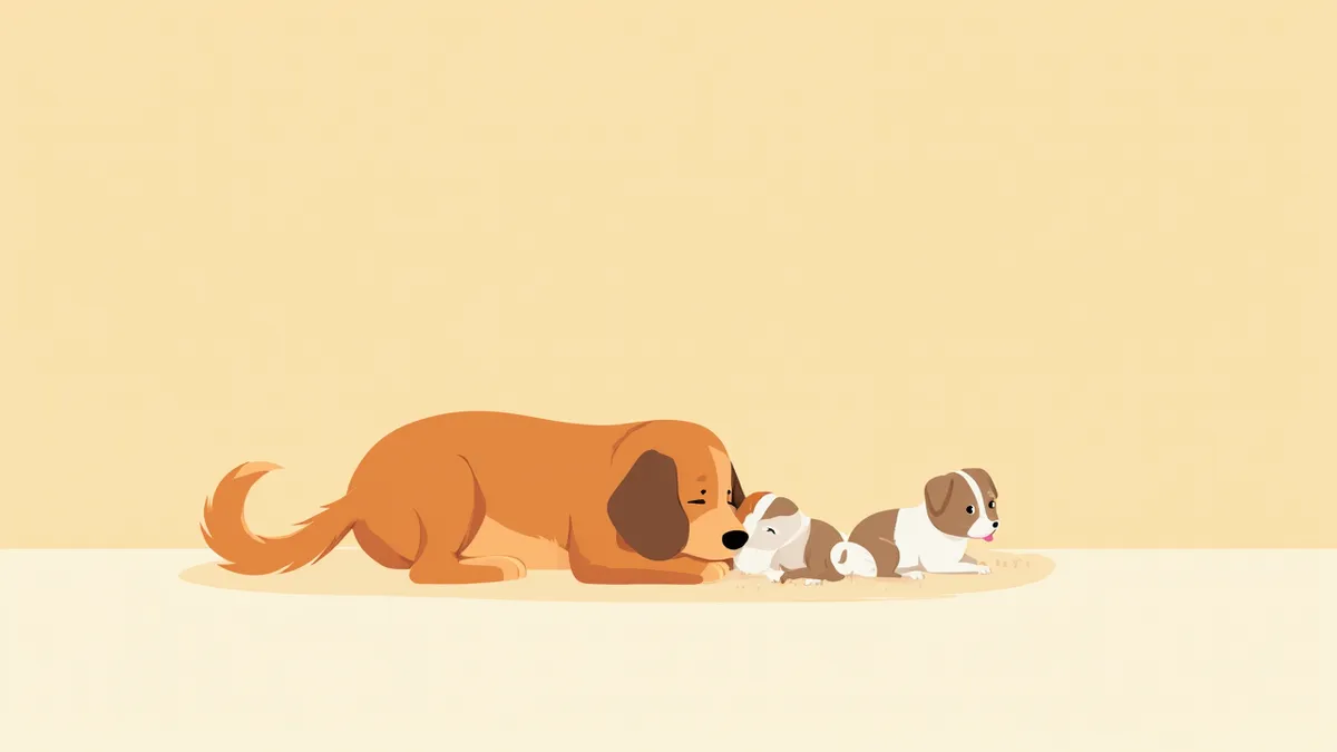 새끼들과 함께 쉬고 있는 출산 직후 모견