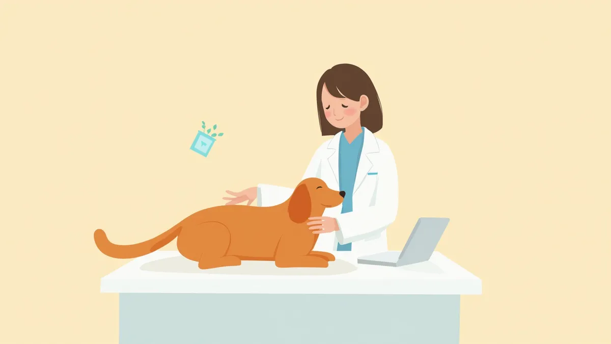 동물병원 진료대 위에서 수의사에게 검진받는 반려견