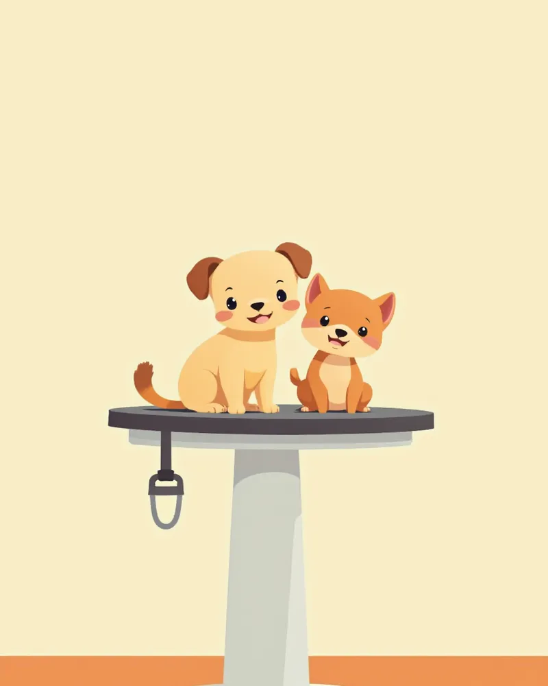 동물병원 체중계 위에 나란히 앉아 있는 강아지와 고양이