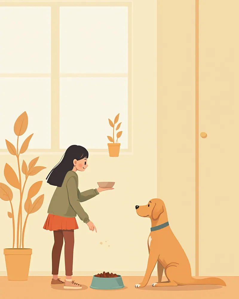 보호자가 금식을 위해 사료 그릇을 치우는 동안 지켜보는 반려견