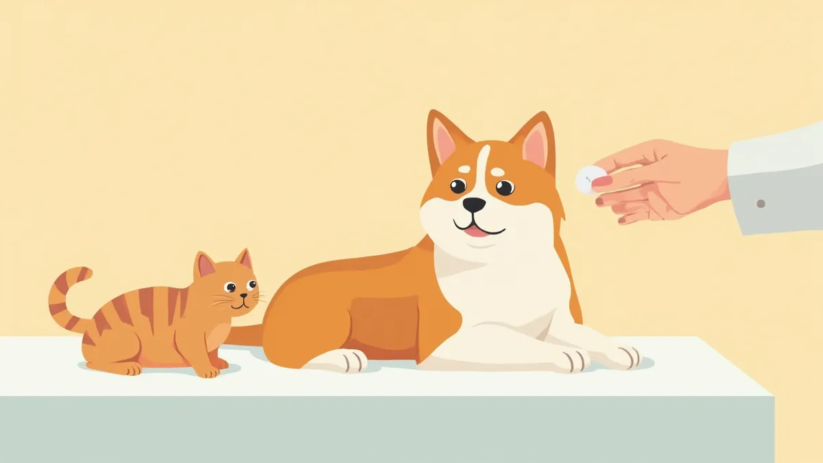 수의사가 강아지와 고양이에게 프레드니솔론을 투약하는 모습