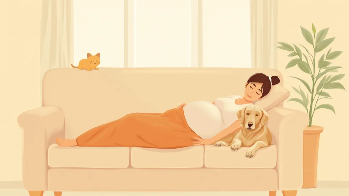 소파에서 강아지와 고양이와 함께 편안히 쉬고 있는 임산부