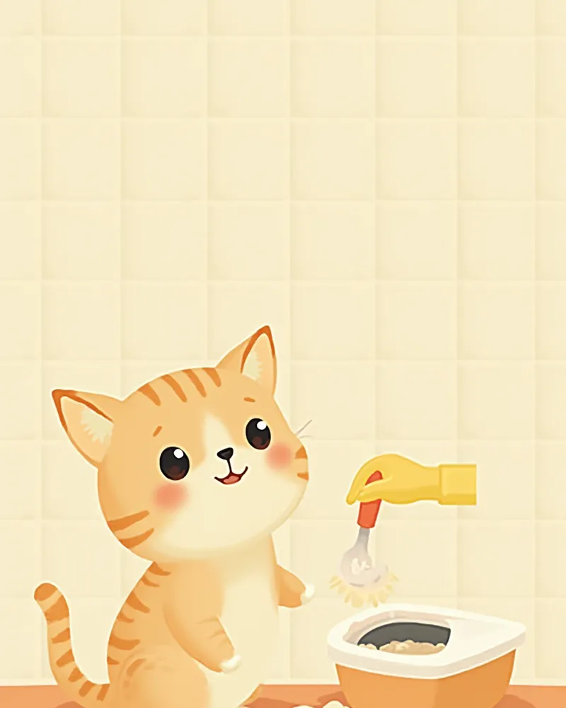 장갑을 낀 손으로 고양이 화장실을 매일 청소하는 모습