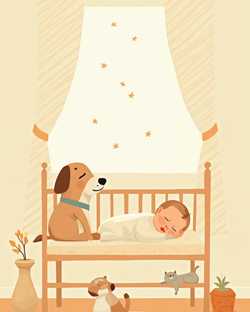 아기 침대 옆에서 조용히 지켜보는 강아지와 고양이