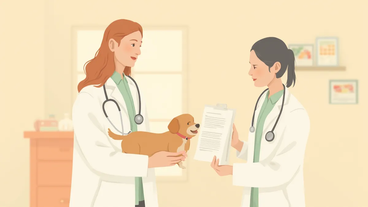 수의사가 보호자에게 처방전을 설명하는 모습