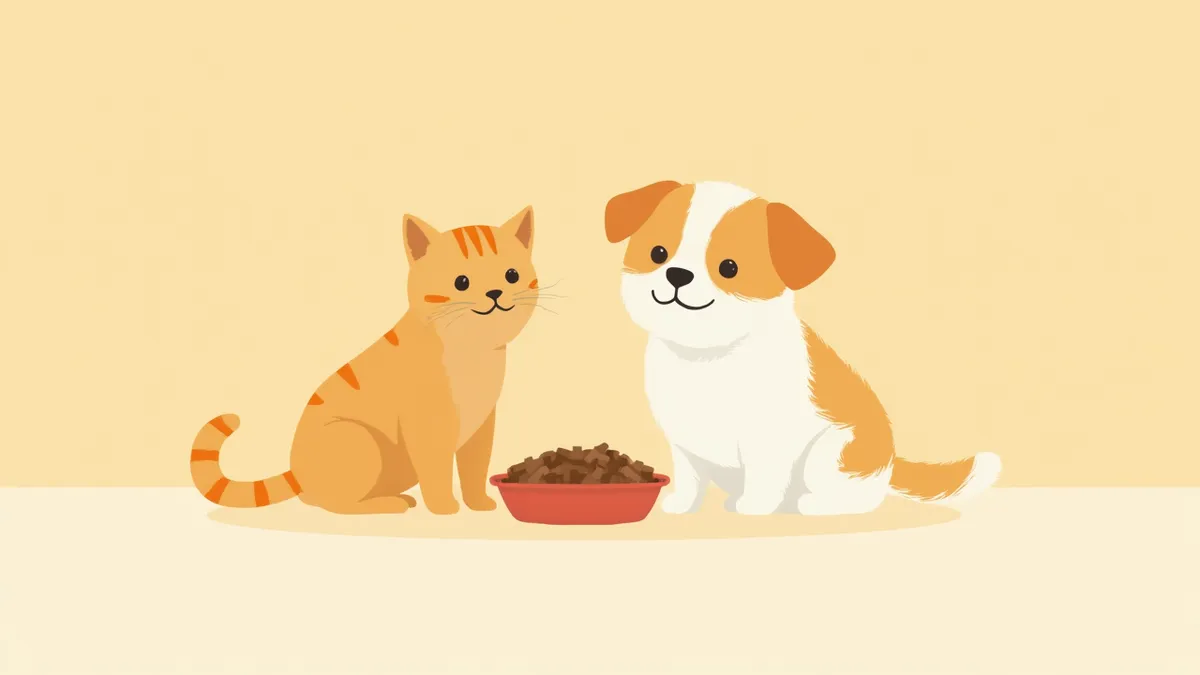 처방식 사료 앞에 앉아 있는 강아지와 고양이 일러스트