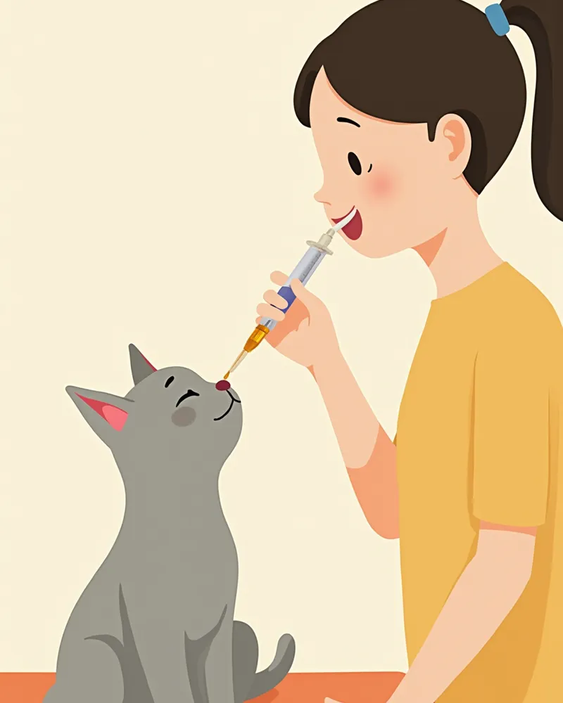 주사기로 고양이에게 액상약을 먹이는 모습