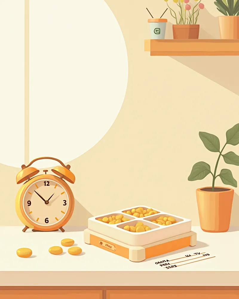 요일별 약통과 투약 체크표가 놓인 주방