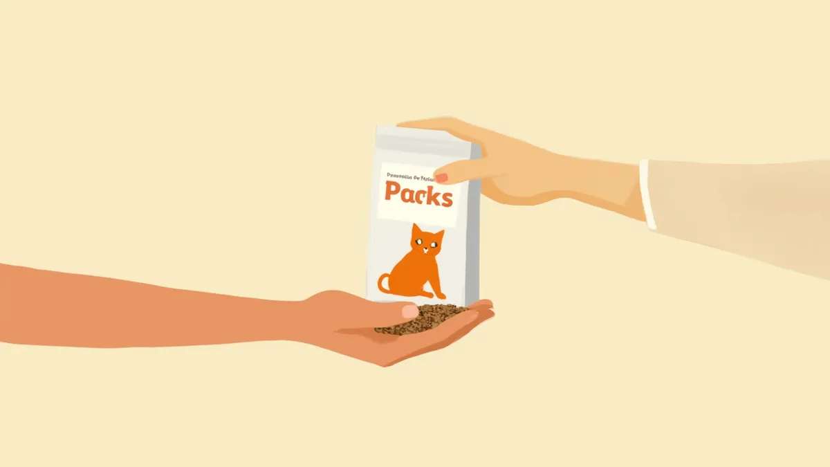 수의사가 처방식 사료와 일반 사료를 나란히 비교해 보여주는 모습