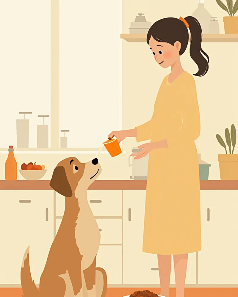 보호자가 처방식 사료를 계량컵으로 정확히 측정해 그릇에 담는 모습