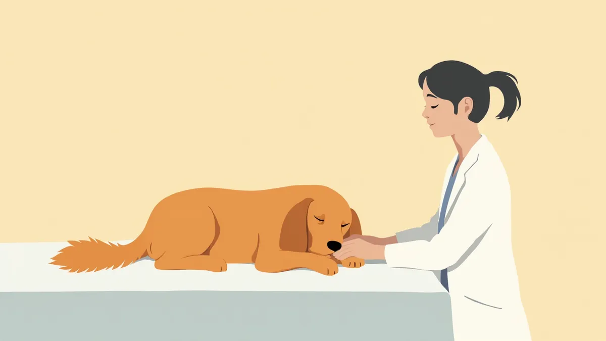 진찰받는 중년 수컷 강아지