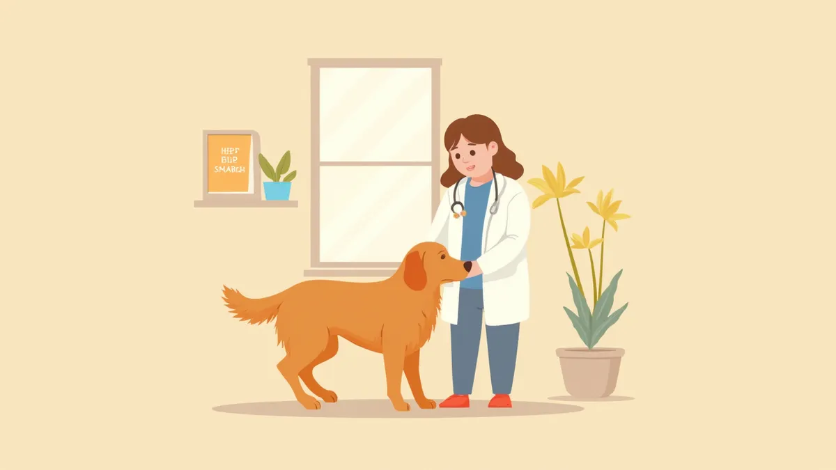 마른 골든리트리버를 진찰하는 수의사와 보호자