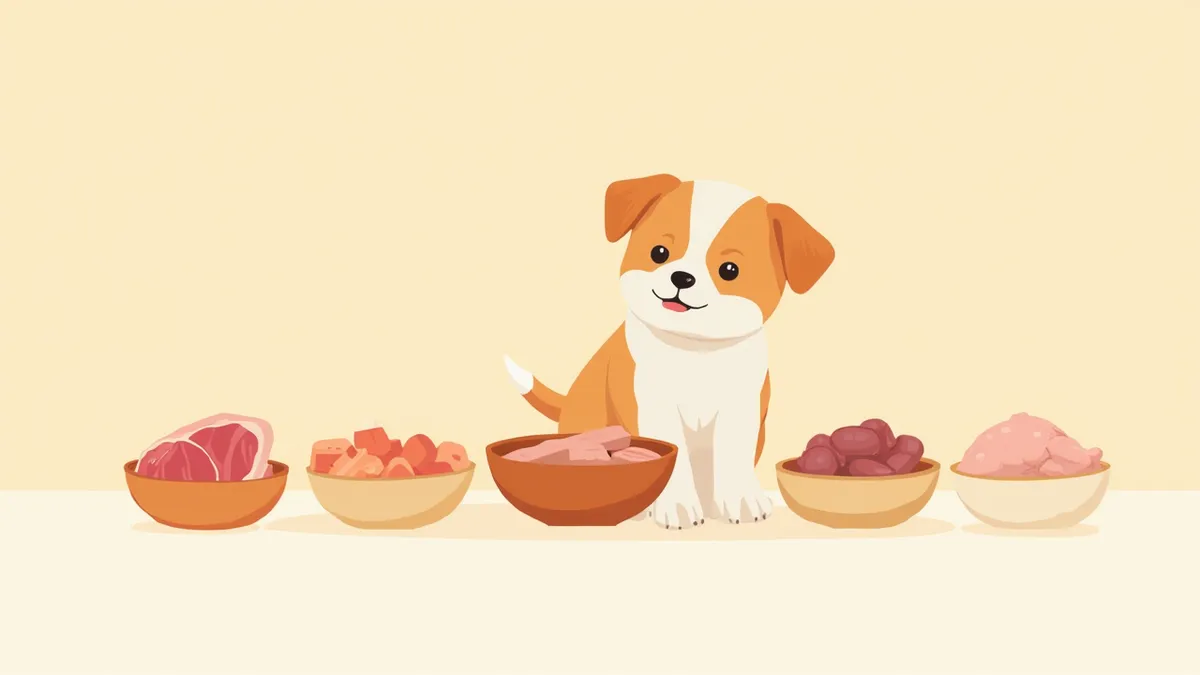 소·닭·연어·양 네 가지 단백질을 비교하는 강아지