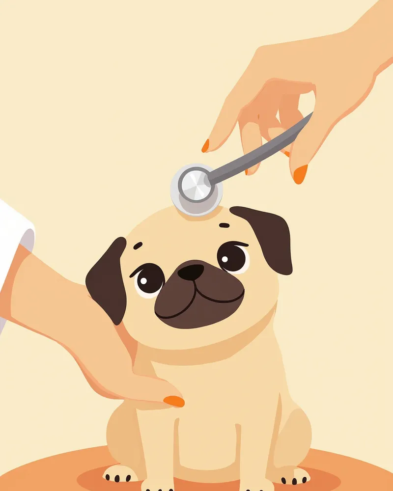 수의사에게 청진 검사를 받는 어린 퍼그