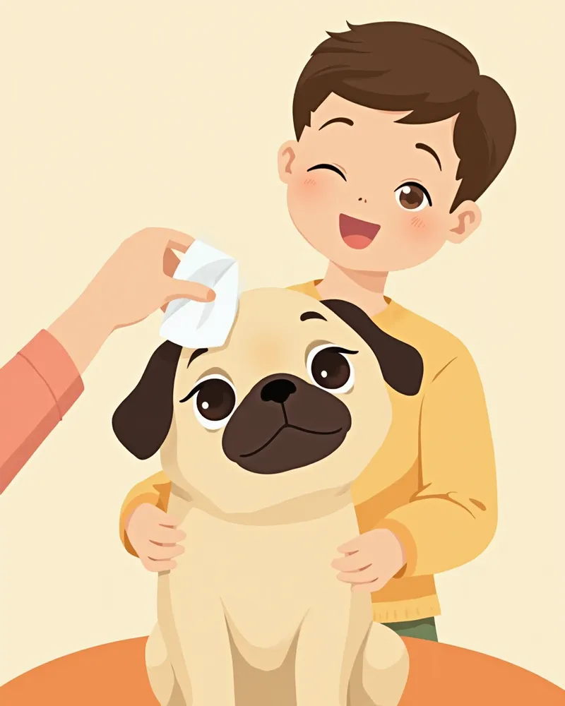 보호자가 퍼그의 눈을 부드럽게 살펴보는 모습