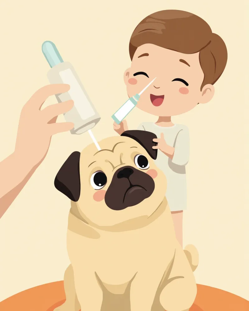 퍼그에게 인공눈물을 점안해주는 보호자