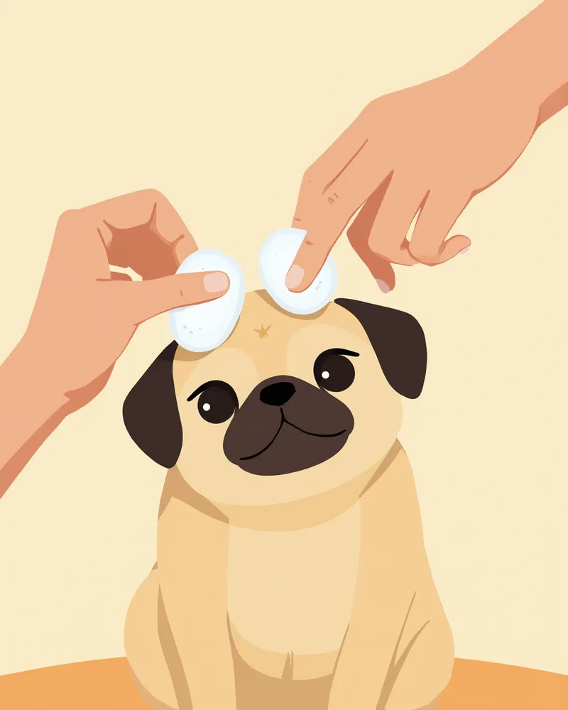 퍼그의 얼굴 주름을 면 패드로 닦아주는 모습