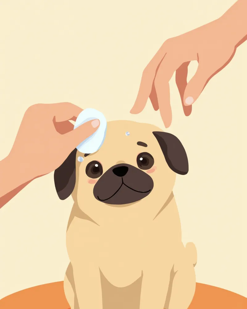 퍼그의 눈 주변을 면 패드로 닦아주는 모습