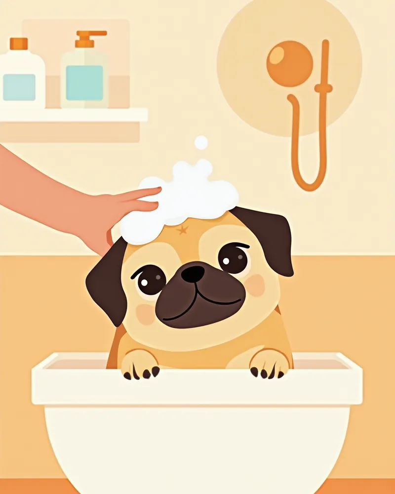 보호자가 퍼그를 부드럽게 목욕시키는 모습