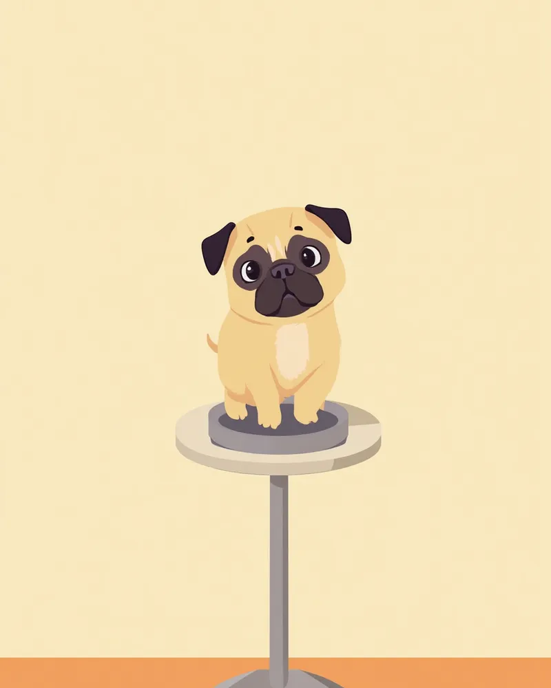 동물병원 체중계 위에 서 있는 퍼그를 위에서 내려다본 모습