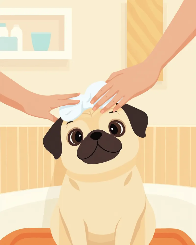 집에서 퍼그 얼굴 주름을 관리하는 모습